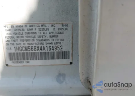 2004 Honda Accord 2.4 Ex z USA, uszkodzony, nr VIN 1HGCM568X4A164952